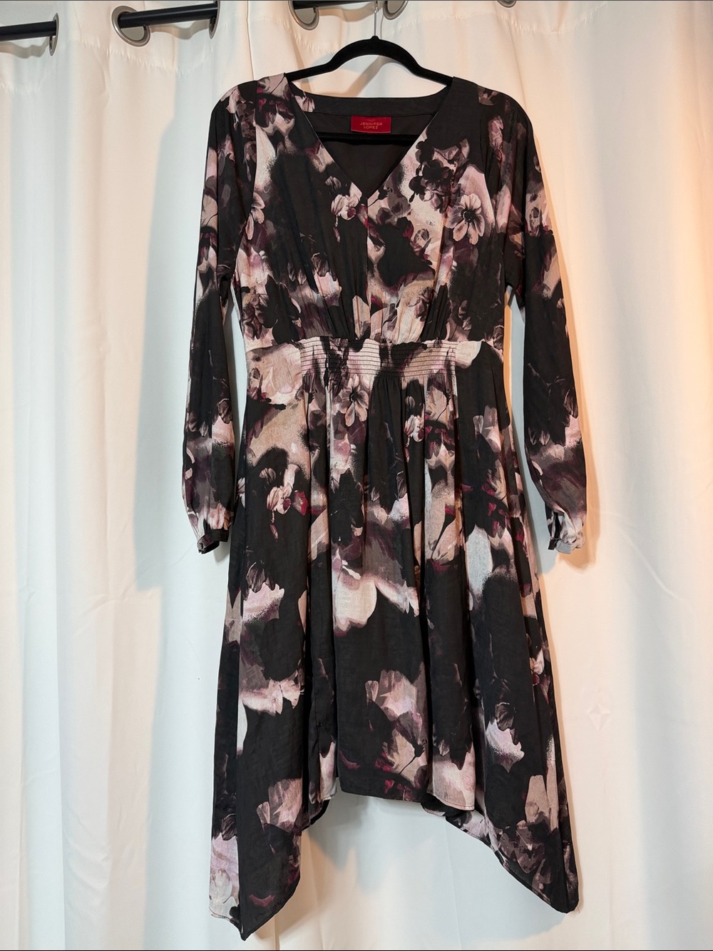 Floral Asymmetrical Dark Floral Whimsigoth V-Neck Pleated Waist Long Sleeve B7